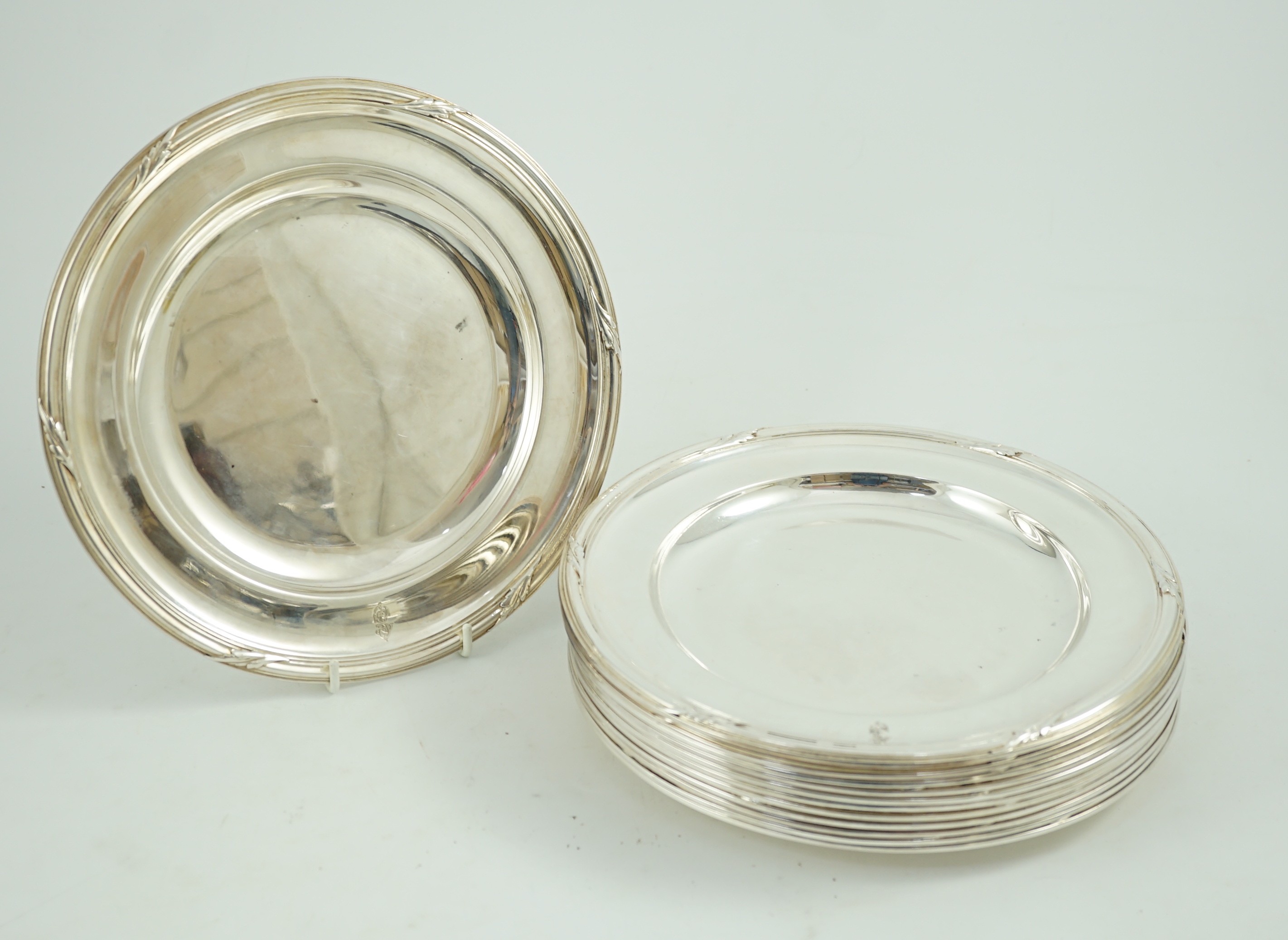 A set of late 19th/early 20th century twelve French 950 standard silver dinner plates by Gustave Keller, Paris